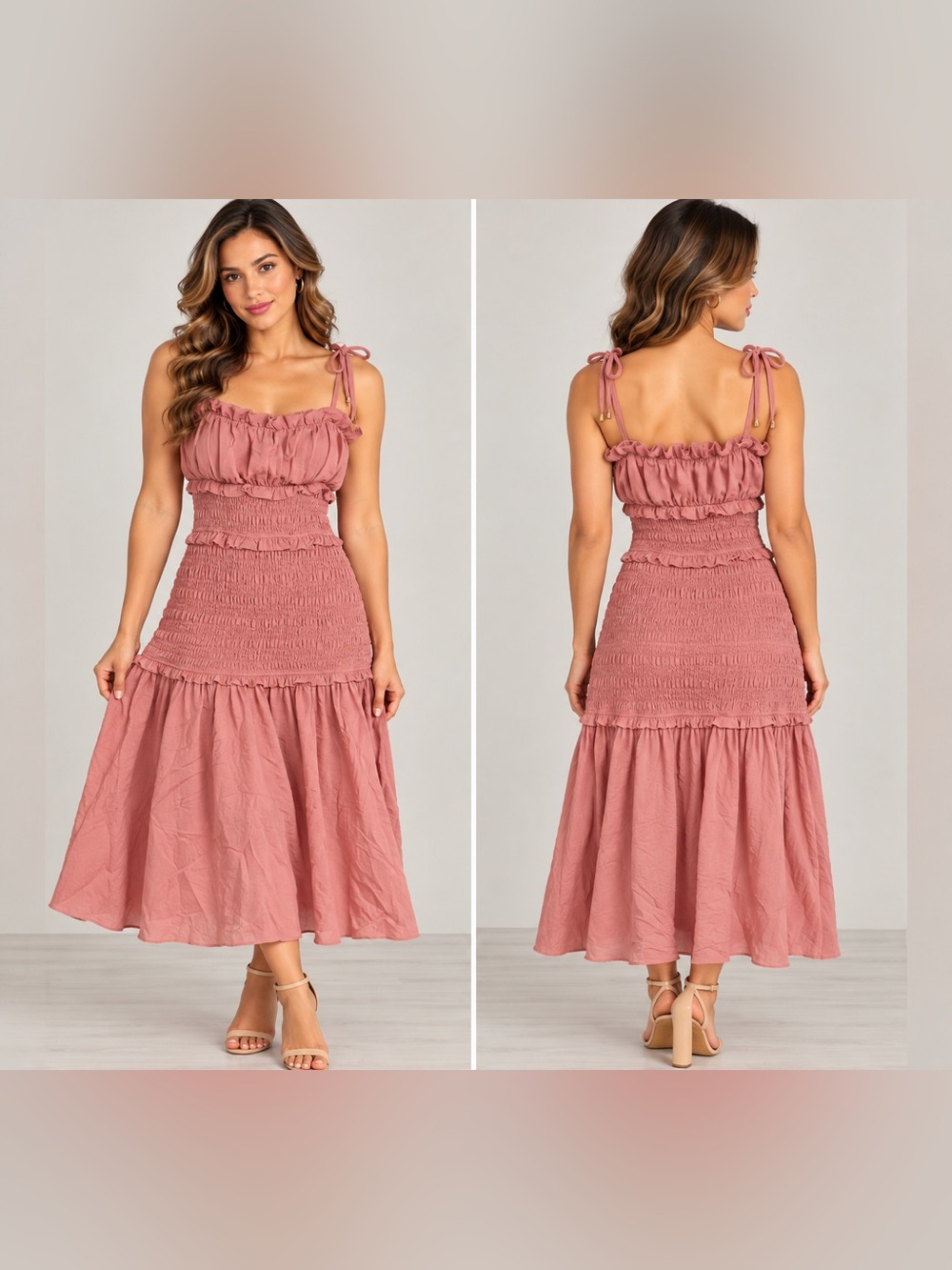 Just Me Maxi Ruffle Smocked Dress in mauve Pink Size small NWT